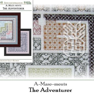 May include: A cross-stitch pattern titled "A-Maze-ments The Adventurer" featuring a colorful maze design. The pattern is framed in a brown frame with a blue mat.