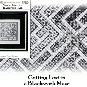 May include: Black and white cross stitch pattern of a maze. The title "Getting Lost in a Blackwork Maze" is printed below the pattern.