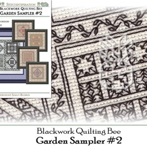 Op de afbeelding: Blackwork Quilting Bee Garden Sampler #2 kruissteekpatroon met twee verschillende randen. Het patroon heeft een zwart-wit ontwerp op een witte achtergrond.