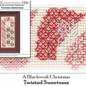 May include: A cross-stitch pattern for a Christmas design featuring a candy cane with the word "HO HO HO" written on it. The pattern is called "A Blackwork Christmas Twisted Sweetness" and is designed by Sally Rudkin.