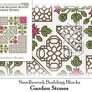 May include: A cross-stitch pattern for a needlework project called "Garden Stones." The pattern features a geometric design with brown and green accents, and pink flowers.