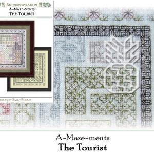 May include: A cross-stitch pattern design titled "A-Maze-ments The Tourist" by Sally Rudkin. The design features a complex maze pattern with a variety of colors and textures.