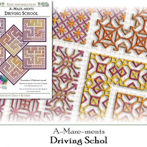 May include: A cross-stitch pattern design titled "A-Maze-ments Driving School" featuring a geometric maze pattern in shades of red, orange, yellow, and purple.