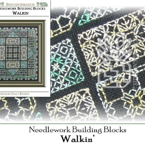 May include: A close-up of a black fabric with a white and green embroidery design. The design is made up of repeating squares with different patterns. The text "Needlework Building Blocks Walkin'" is at the bottom of the image.