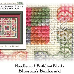 May include: A cross stitch pattern for a needlework building block design called "Blossom's Backyard". The pattern features a colourful geometric design with a red, green, and blue colour scheme.