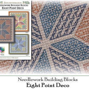 May include: A close-up of a needlepoint design featuring a repeating pattern of eight-pointed stars in shades of brown, blue, and grey. The design is called "Eight Point Deco" and is part of a series called "Needlework Building Blocks".