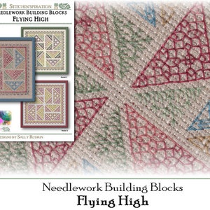 May include: A cross stitch pattern for a needlework building block project called "Flying High". The pattern features three different designs with geometric shapes in shades of red, blue, green, and yellow.