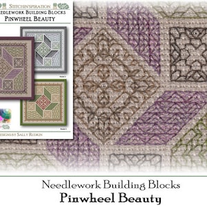 May include: A cross stitch pattern booklet titled "Needlework Building Blocks: Pinwheel Beauty" with three different designs. The designs are a purple and green pinwheel, a brown and green pinwheel, and a blue and green pinwheel.