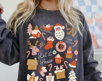 Vintage Christmas Doodles Sweatshirt Retro Christmas Comfort Colors Sweatshirt Cute Holiday Crewneck Ugly Christmas Sweater Sweatshirts
