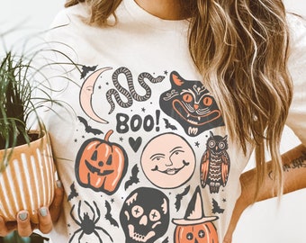 Halloween Doodles Vintage Halloween Shirt Fall Apparel Witchy Clothing Witchy Clothes Fall T-Shirt Short Sleeve Halloween Vintage Tshirt