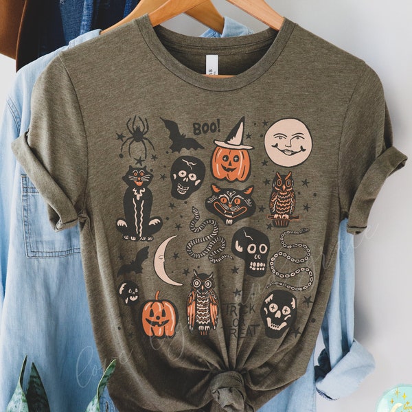 Halloween Doodles Vintage Halloween Shirt Herbst Bekleidung Witchy Kleidung Witchy Kleidung Herbst T-Shirt Kurzarm Halloween Vintage Tshirt