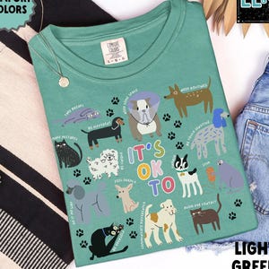 Puede incluir: Camiseta verde claro con el texto "It's OK To" e ilustraciones de perros y gatos. La camiseta también presenta las palabras "Comfort Colors" y "Light Green".