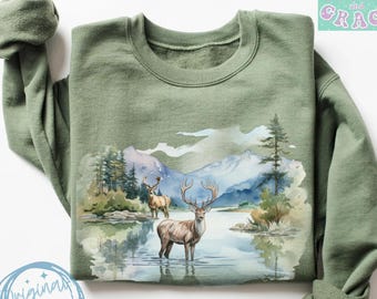 Retro Deer Sweatshirt Vintage Wilderness Scene 90s Nineties Style Crewnecks Deer Stag Sweatshirts Camping Shirts Outdoors Sweater Nature Top
