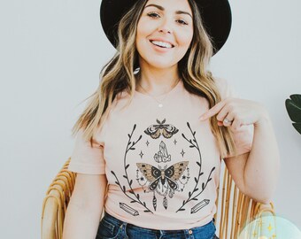 Cottagecore Mystical Shirt Butterfly TShirt, Crystals Papillon Witchy Apparel, Boho Hippie Shirt, Moon Child, Fairycore, Dark Academia Tees