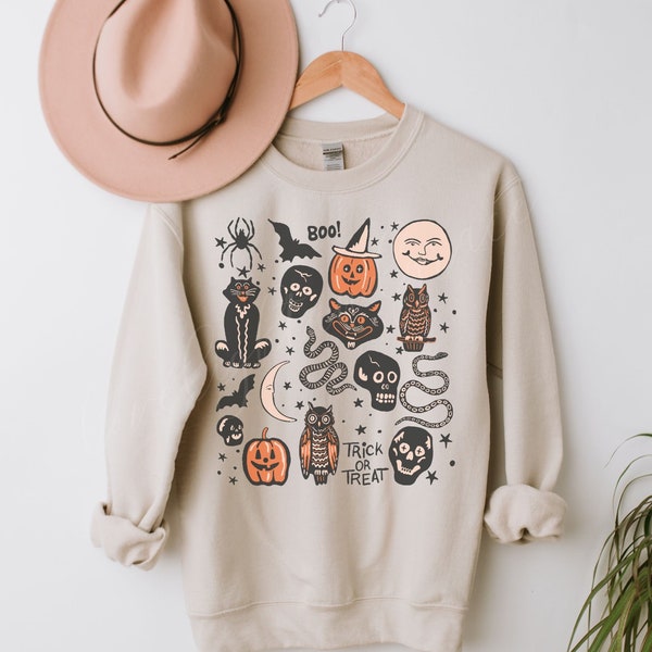 Halloween Sweatshirt Vintage, Halloween Rundhalsausschnitt, Vintage Halloween Rundhalsausschnitt, Herbst Bekleidung, Witchy Kleidung, Witchy Kleidung, Herbst Rundhalsausschnitt