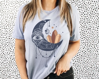 Crescent Druzy Moon Witchy Aesthetic Clothing Healing Crystals T-Shirt Boho Shirt Celestial Yoga Top Hippie Shirts for Women Yoga Tshirt