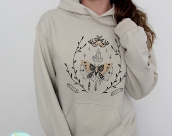 Cottagecore Hoodie Mystical Sweatshirt, Butterfly Shirt, Crystals Hoodie, Witchy Apparel, Boho Hippie Shirt, Moon Child, Dark Academia