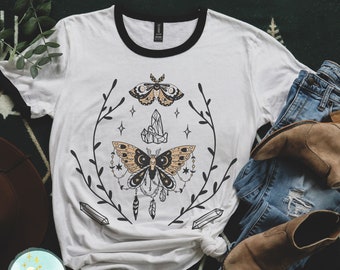 Mystical Butterfly Crystals T-Shirt Boho Ringer Tee Cute Shirts for Women Cottagecore Women's Hippie Shirt Plus Size Shirts for Women