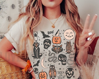Halloween Doodles Vintage Halloween Shirt Fall Apparel Witchy Clothing Witchy Clothes Fall T-Shirt Short Sleeve Halloween Vintage Tshirts