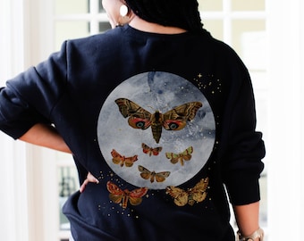 Mystical Butterfly Moon Celestial Back Print Crewneck Sweatshirt  Witchy Boho Gothic Moth Magical Pullover Sweater Shirts or Women Prints
