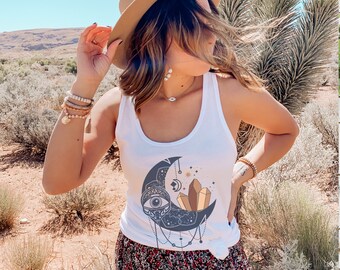 Mystical Crescent Eye Moon with Crystals Witchy Racerback Tank Aesthetic Clothing T-Shirt Boho Shirt Celestial Yoga Gym Workout Hippie Shirt