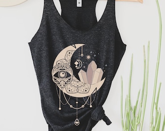 Crescent Druzy Moon Witchy Racerback Tank Aesthetic Clothing Healing Crystals T-Shirt Boho Shirt Celestial Yoga Gym Workout Hippie Shirts