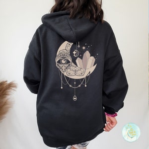Crescent Druzy Moon Witchy Hoodie Back Print Sweatshirt Aesthetic Clothing Healing Crystals Boho Shirt Celestial Yoga  Workout Hippie Shirt