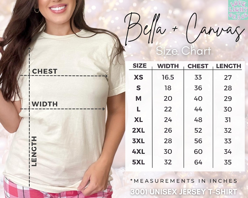 Peut inclure: Une femme porte un t-shirt unisexe Bella + Canvas 3001 de couleur cr&egrave;me. L'image comprend un tableau des tailles avec des mesures en pouces pour la largeur, la poitrine et la longueur, allant de XS &agrave; 5XL.