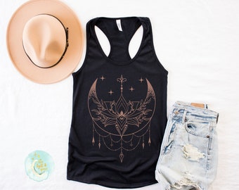 Crescent Druzy Moon Witchy Racerback Tank Aesthetic Clothing Healing Crystals T-Shirt Boho Shirt Celestial Yoga Gym Workout Hippie Shirts