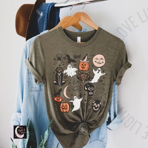 Retro Halloween Doodles Graphic Tee Vintage Halloween Shirt Fall Apparel 90's Aesthetic Shirt Witchy Clothing Gothic Clothes Spooky Shirts