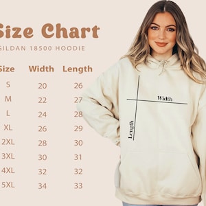 May include: Size chart for Gildan 18500 hoodies, showing width and length measurements in inches for sizes S to 5XL.