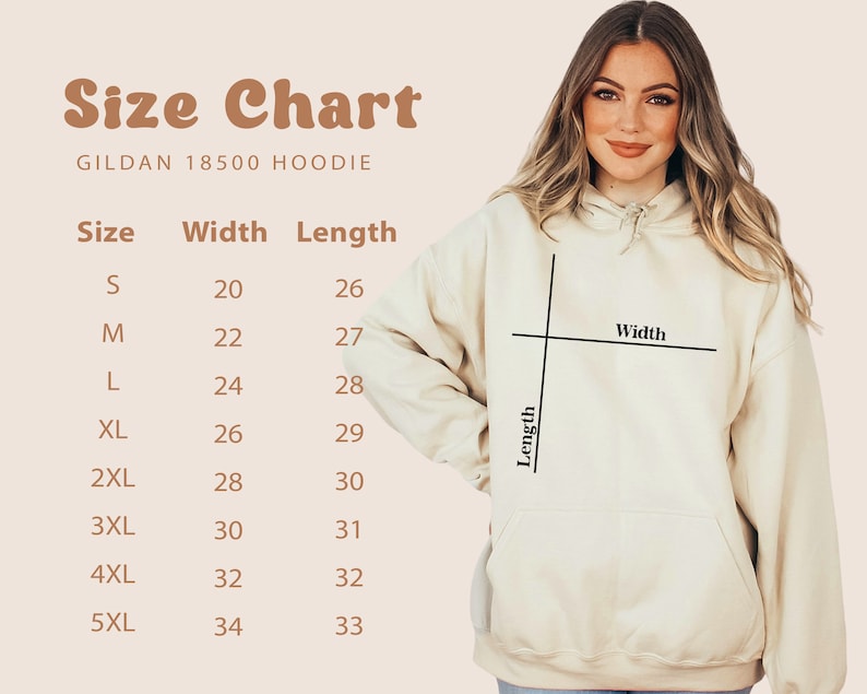 May include: Size chart for Gildan 18500 hoodies, showing width and length measurements in inches for sizes S to 5XL.