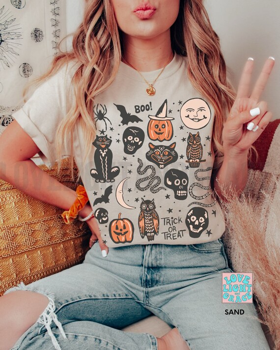 Halloween Doodles Vintage Halloween Shirt Fall Apparel Witchy Clothing Witchy Clothes Fall T-Shirt Short Sleeve Halloween Vintage Tshirts
