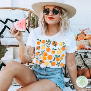 Summer T-Shirt Summertime Oranges Print Boho Cottagecore Cute Gardening Tshirt Trendy Graphic Tees Fruit Shirts Cottage Core Trees Shirt