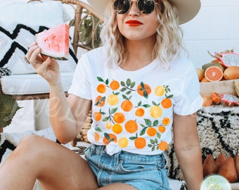 Summer T-Shirt Summertime Oranges Print Boho Cottagecore Cute Gardening Tshirt Trendy Graphic Tees Fruit Shirts Cottage Core Trees Shirt