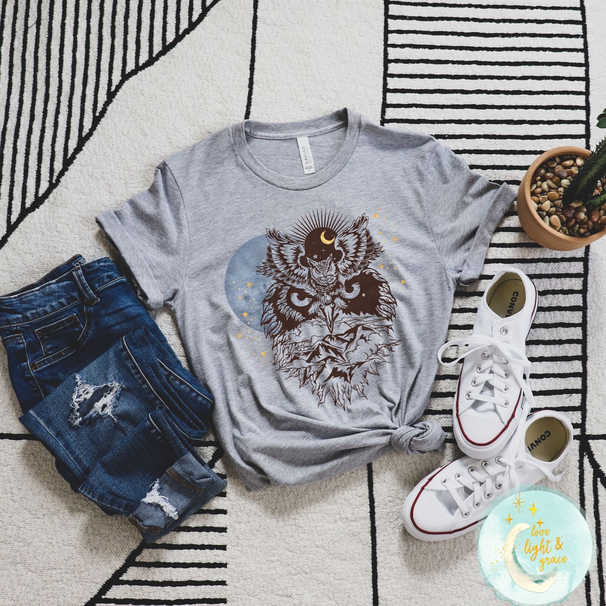 Owl Shirt, Moon T-Shirt, Mystical Shirts, Hiking Tshirt, Outdoor Shirt, Camping Shirt, Unisex Graphi