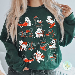 Cat Christmas Sweater Cat Shirts Vintage Kittens Cute Ugly Christmas Sweatshirt Retro Holiday Gifts Christmas Gift for Mom Cat Lover Gifts