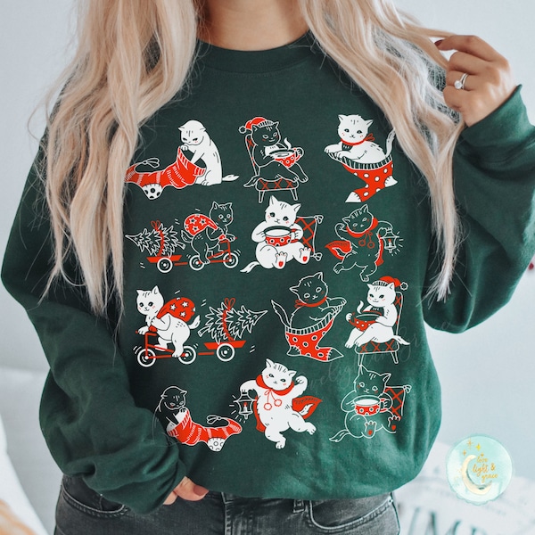 Suéter navideño de gato, camisetas de gato, gatitos vintage, linda y fea sudadera navideña, regalos navideños retro, regalo de Navidad para mamá, regalos para amantes de los gatos