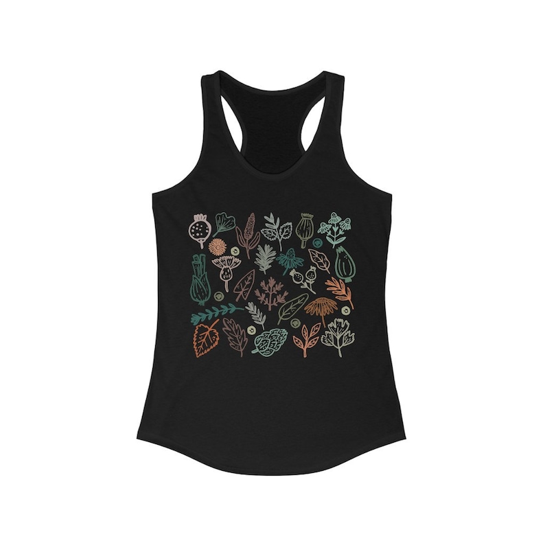 May include: Black racerback tank top with a colorful botanical print. The design features various leaves, flowers, and seed pods in shades of teal, orange, and brown. The overall style is a minimalist, nature-inspired design.