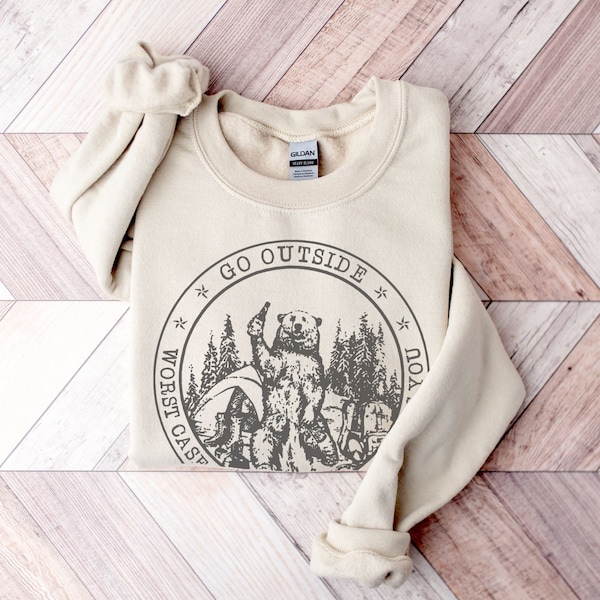 Sudadera con el peor escenario posible, camiseta de montaña, camisetas de senderismo, camisetas para actividades al aire libre, camiseta con estampado de naturaleza, suéter beige y marrón de cuello redondo.