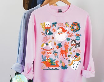 Vintage Christmas Crewneck Sweatshirt Christmas PJs Pullover Retro Christmas Doodles Ugly Christmas Sweater Women Santa Shirt Christmas Tee