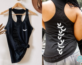 NEW Bats Back Print Witchy Shirts Gothic Tank Tops Goth Clothes Halloween Tank Top Black and White Batty Spine Print Creepy Cute Summer