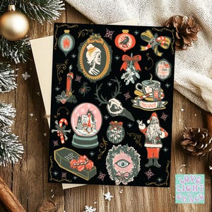 Tarjetas navideñas góticas de estilo victoriano espeluznante con acabado mate. Incluye 1, 10 o 25 unidades. Cantidad: tarjetas de notas plegadas de 4,25" x 5,5" con sobres.
