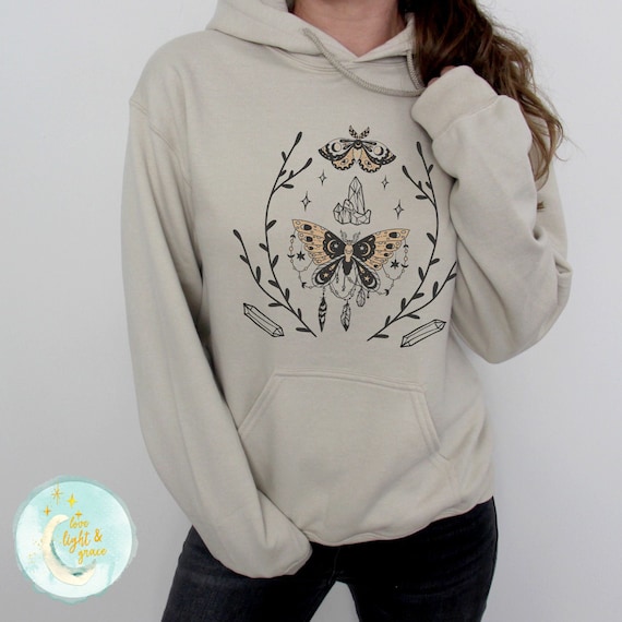 Cottagecore Hoodie Mystical Sweatshirt, Butterfly Shirt, Crystals Hoodie, Witchy Apparel, Boho Hippie Shirt, Moon Child, Dark Academia