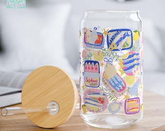 Sardines Beach Travel 16oz Sipper Glass with Lid and Straw Coastal Aesthetic Retro Summer Cup for Fish Lovers Coastal Grandma Core Gift Cups