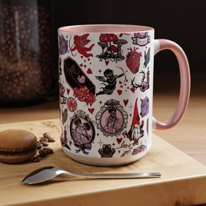 Gothic Valentine Mug Creepy Valentine's Day Coffee Mugs Vintage Style Goth Home Decor Anti Valentine Drinkware Witchy Galentines Day Gift Pink