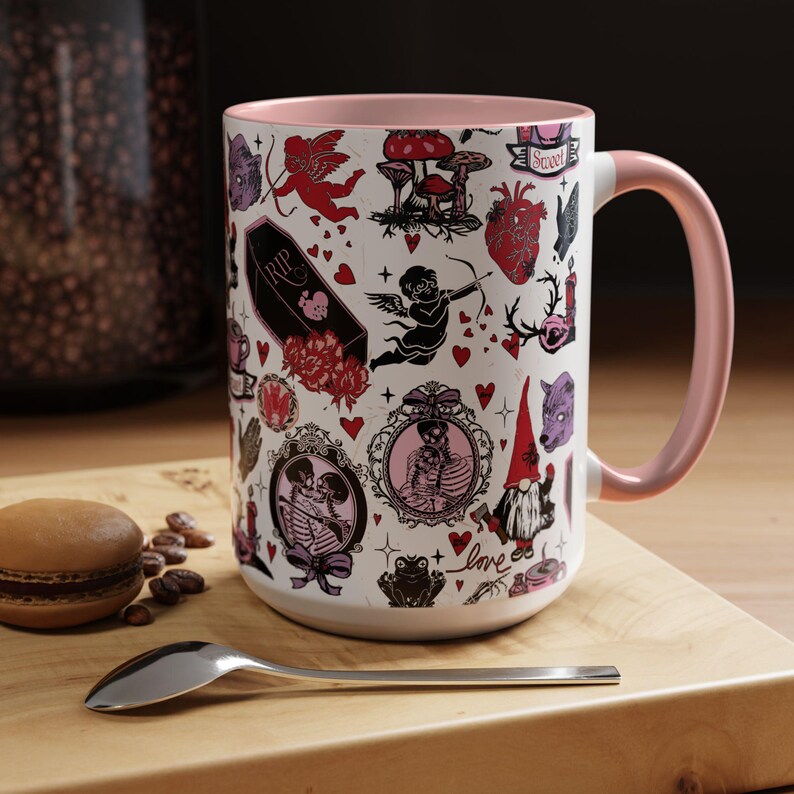 Gothic Valentine Mug Creepy Valentine's Day Coffee Mugs Vintage Style Goth Home Decor Anti Valentine Drinkware Witchy Galentines Day Gift Pink