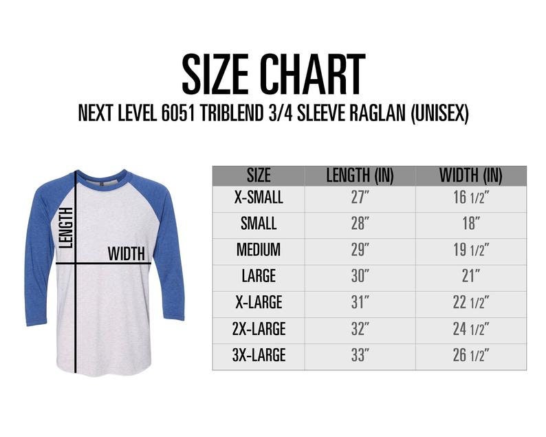 May include: Size chart for a unisex 3/4 sleeve raglan t-shirt made of triblend fabric. The chart shows the length and width in inches for sizes X-Small to 3X-Large.