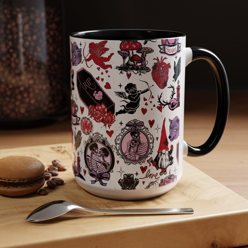 Gothic Valentine Mug Creepy Valentine's Day Coffee Mugs Vintage Style Goth Home Decor Anti Valentine Drinkware Witchy Galentines Day Gift Black