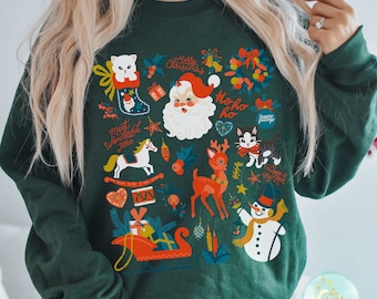 Vintage Christmas Crewneck Sweatshirt Christmas PJs Pullover Retro Christmas Doodles Ugly Christmas Sweater Women Santa Shirt Christmas Tee